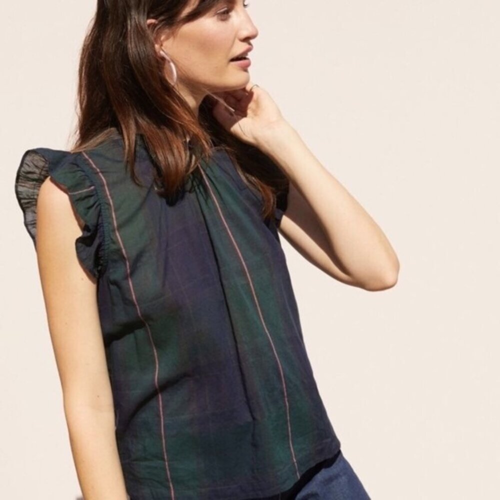 Anthropologie Isabella Sinclair Plaid Tartan Ruffle-Sleeve Top Size Medium